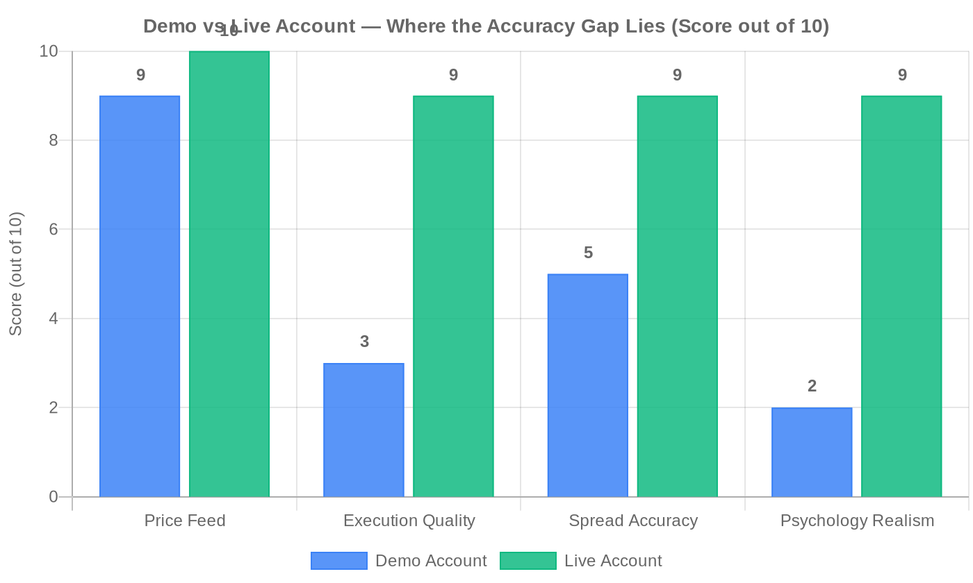 Demo accuracy gaps: execution scores 3/10 vs live 9/10; psychology 2/10 vs live 9/10