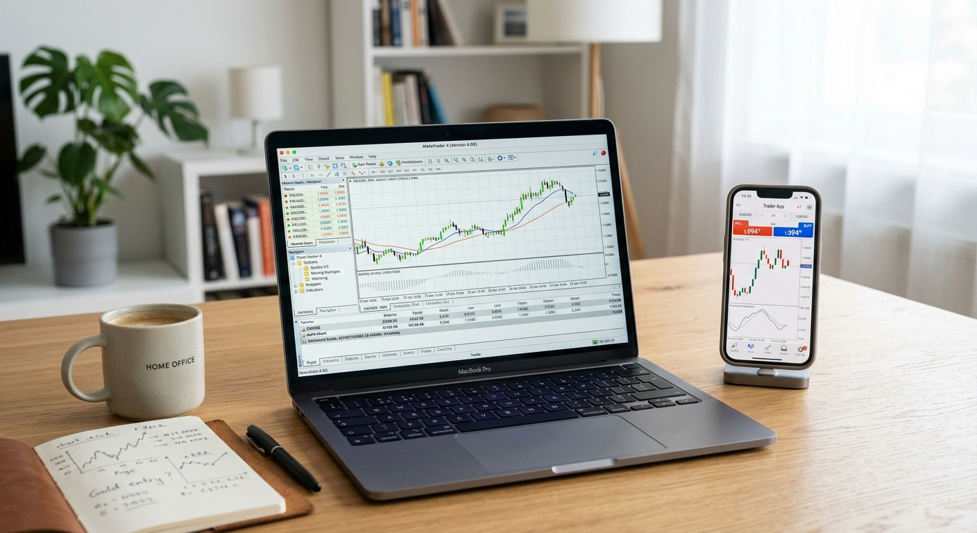 MetaTrader 4 platform on laptop and mobile app for Forex4you trading