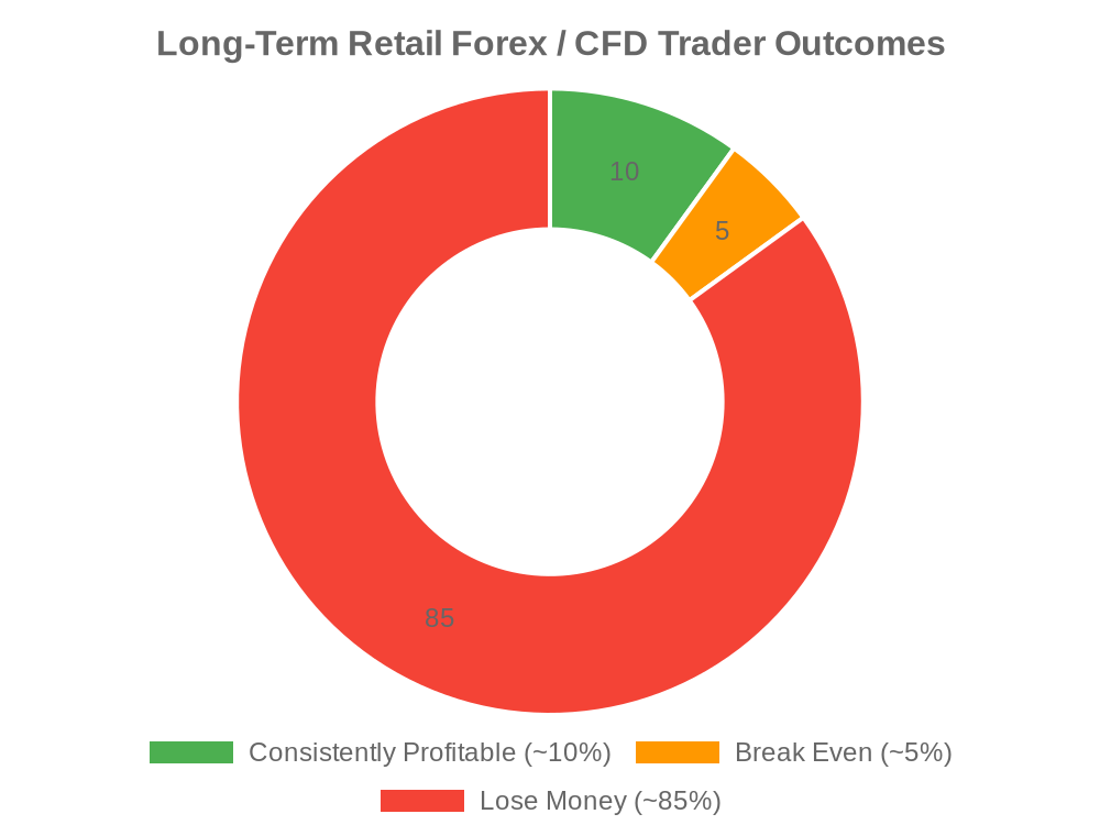 Retail CFD trader outcomes: roughly 10% consistently profitable, 5% break-even, 85% lose money over the long term