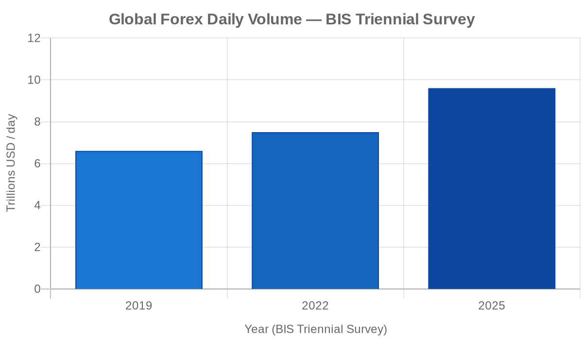 Global forex daily trading volume growth from $6.6T in 2019 to $9.6T in 2025, BIS data