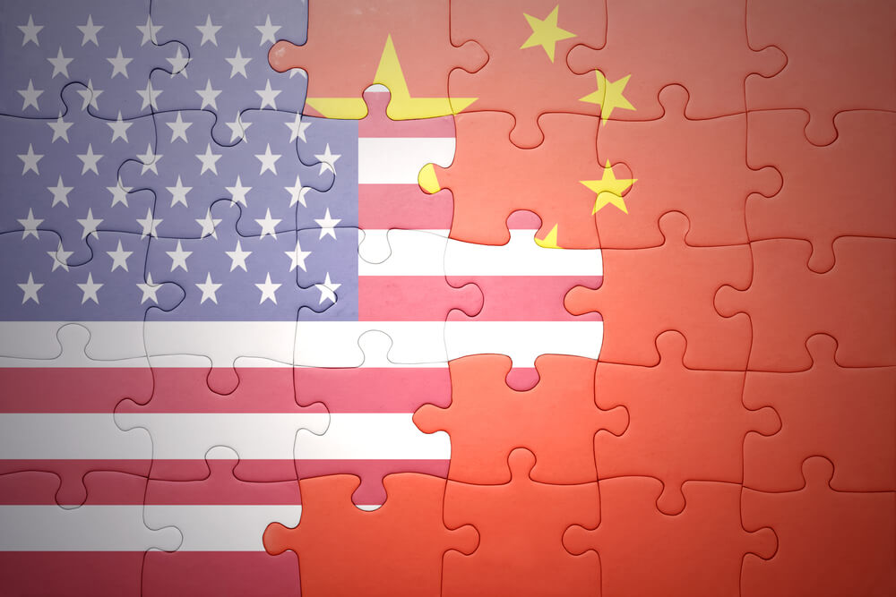 Wibest – Current Stock Market: Puzzle with the national flag of US and China.